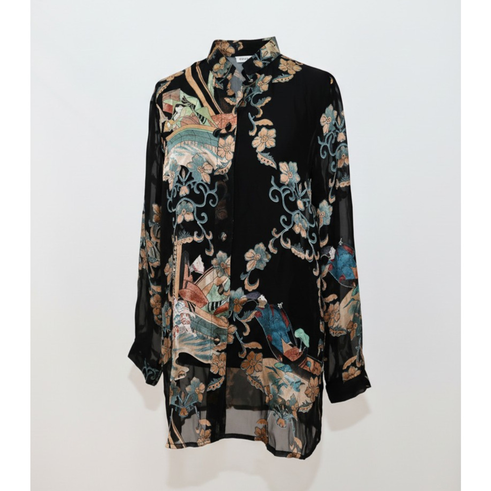 A4 Auth CITRON Santa Monica Floral Black Damask Silk Long Tunic Top Blouse Sz M - Picture 3 of 9